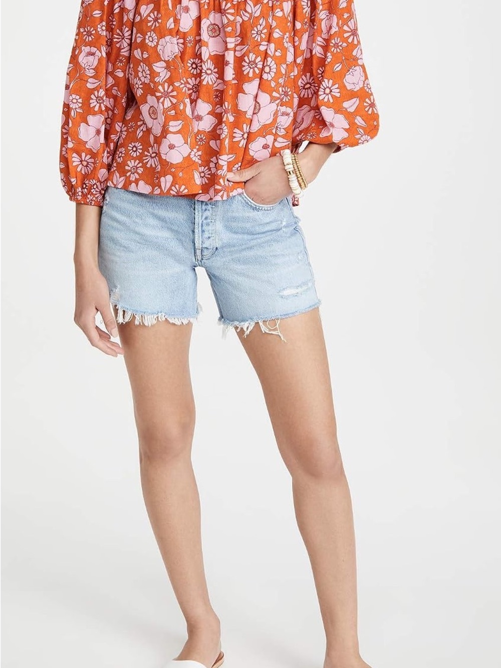 Free People Orange Floral Puff-Sleeve Blouse